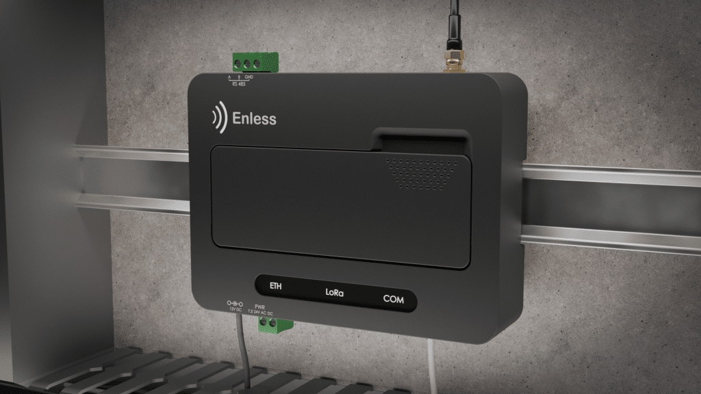 LoRaWAN gateway mounted on a DIN rail inside an electrical cabinet